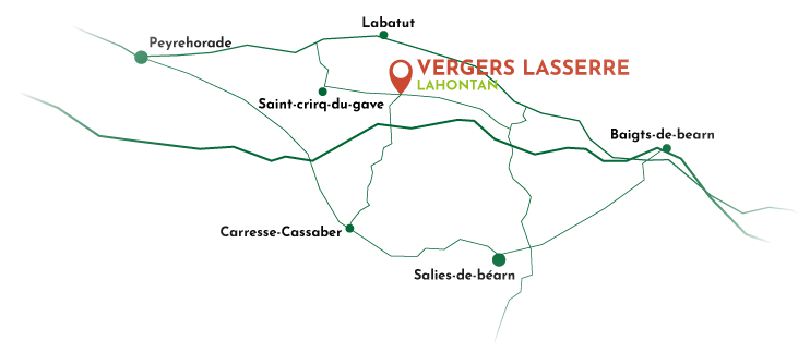 inforgraphie montrant ou trouvez l'entreprise Vergers lasserre par rapport à Peyrehorade et Salies de Béarn dans le département 64